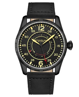 Men's Quartz Black Genuine Leather Strap Watch 44mm