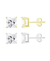 And Now This Cubic Zirconia Duo Cushion Cut Stud Earring Set in Silver Two Tone Plated