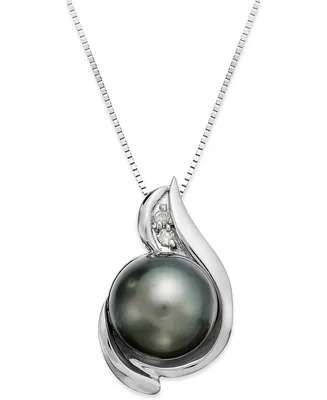 14k White Gold Tahitian Pearl (8.5mm) and Diamond Accent Pendant Necklace