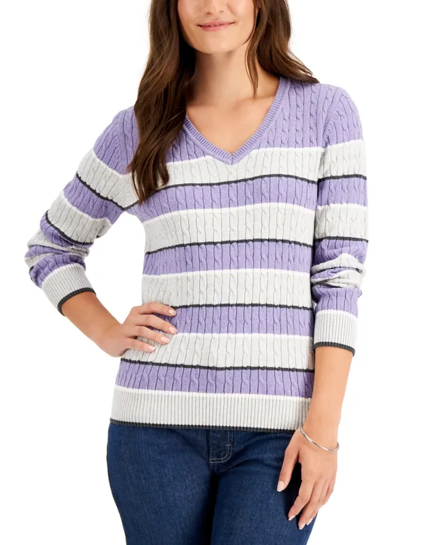 Karen Scott Blair Cotton Striped Rib Mock-Neck Sweater, Created