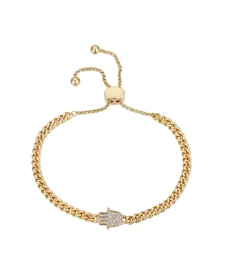 Gold Flash-Plated Cubic Zirconia Hamsa Adjustable Curb Chain Bolo Bracelet