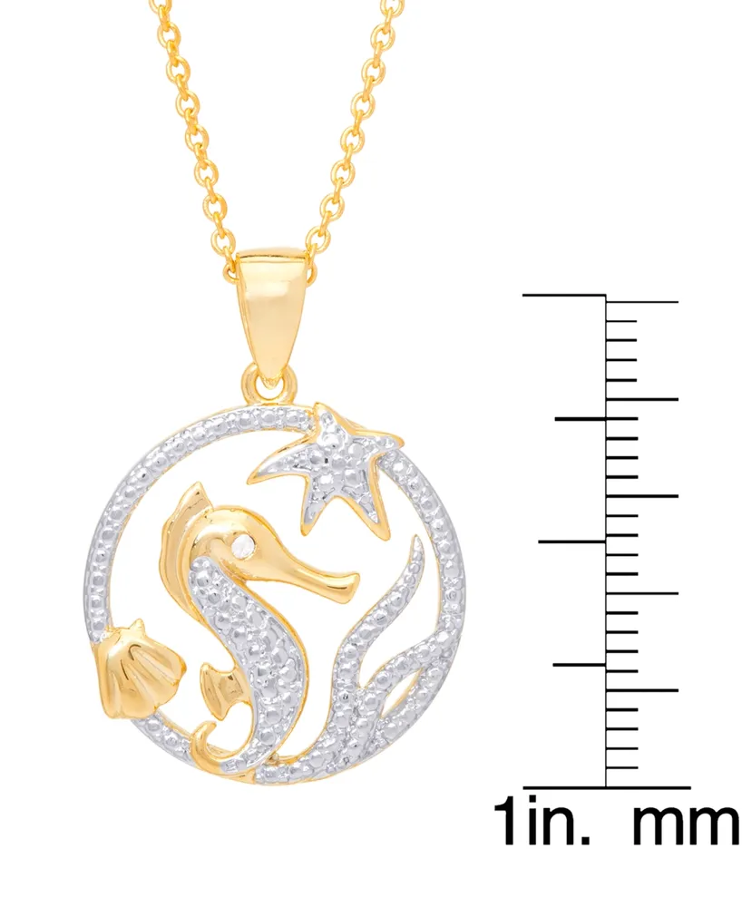 Diamond Accent Seahorse Medallion Pendant 18" Necklace in Gold Plate