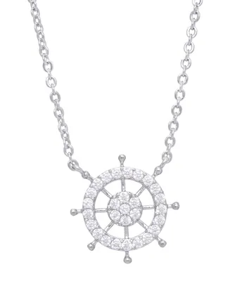 Cubic Zirconia Ship Wheel Pendant 18" Necklace in Silver Plate