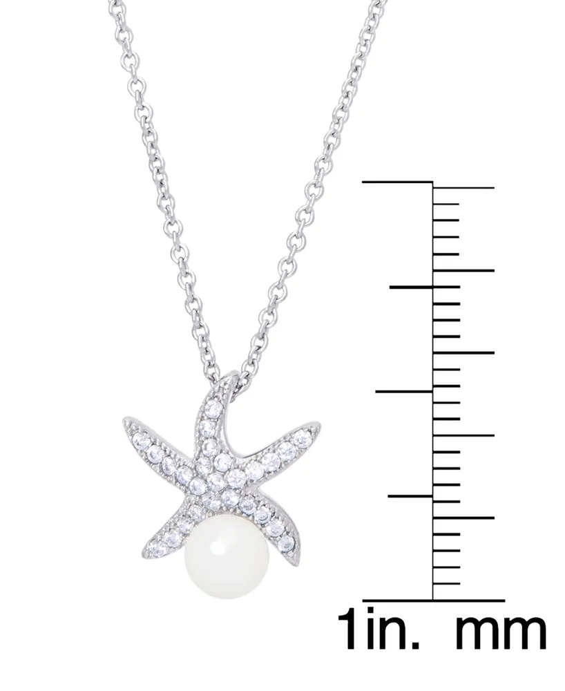 Genuine Freshwater Pearl Cubic Zirconia Starfish Pendant 18" Necklace in Silver Plate