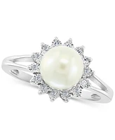 Effy Cultured Freshwater Pearl (7mm) & Diamond (1/20 ct. t.w.) Halo Ring in Sterling Silver