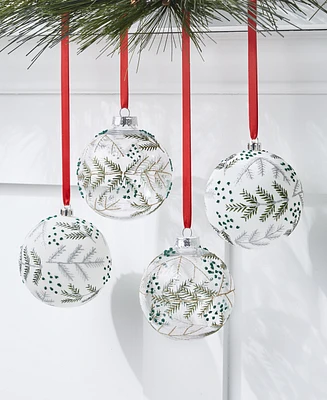 Holiday Lane Northern Lights Set of 4 Shatterproof Clear & White Decorated Ball Ornaments, Created for Macy's