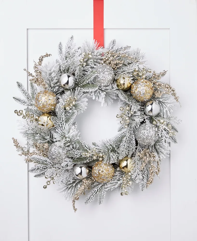 Holiday Lane Shine Bright Pine Wreath with Gold & Silver Ball Ornaments, Created for Macy's