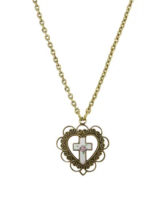Gold-Tone Heart with White Floral Cross Necklace