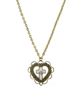 Gold-Tone Heart with White Floral Cross Necklace