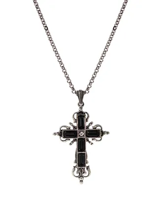 Silver-Tone Black Crystal Cross Necklace
