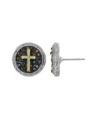 Silver-Tone Carded Multi Color Beaded Cross Round Stud Earrings - Silver