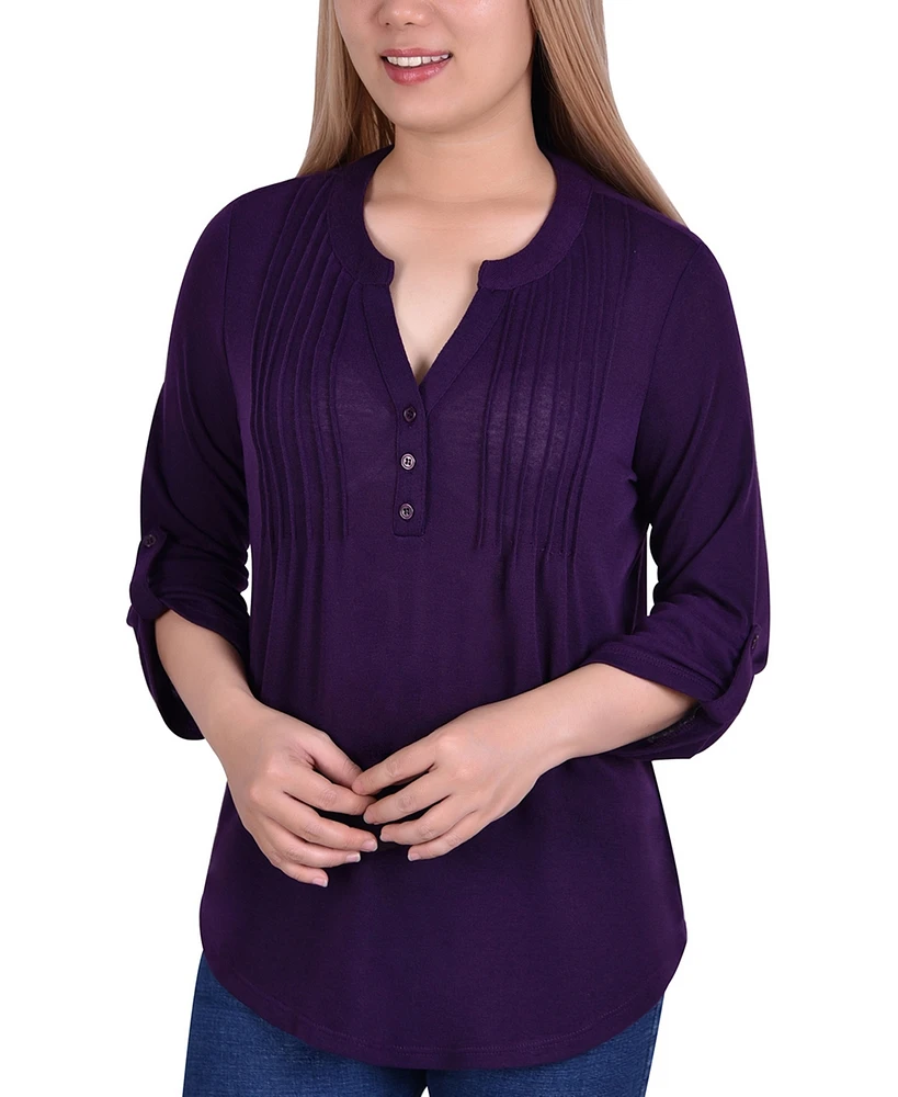 Women's 3/4 Sleeve Roll Tab Pin Tucked Front Pullover