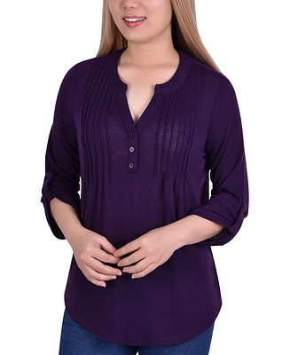 Women's 3/4 Sleeve Roll Tab Pin Tucked Front Pullover