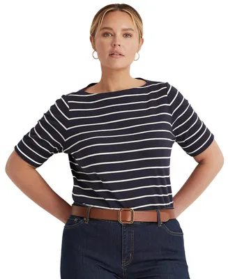 Lauren Ralph Plus Striped Cotton Boatneck T-Shirt