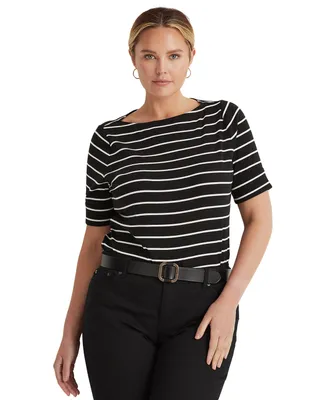 Lauren Ralph Plus Striped Cotton Boatneck T-Shirt