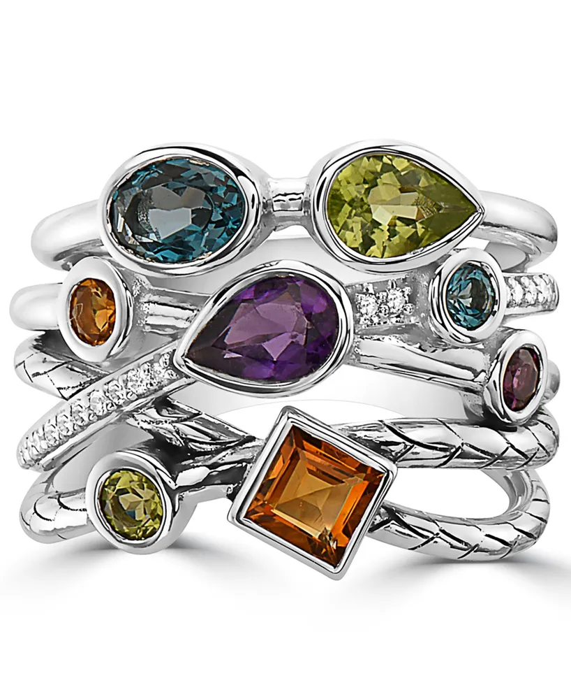 Effy Multi-Gemstone (1-3/4 ct. t.w.) & Diamond (1/10 ct. t.w.) Multirow Ring in Sterling Silver - Multi