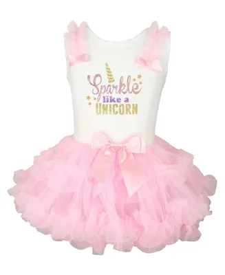 Little Girls Sparkle Unicorn Glitter Ruffle Dress with Tutu Skirt