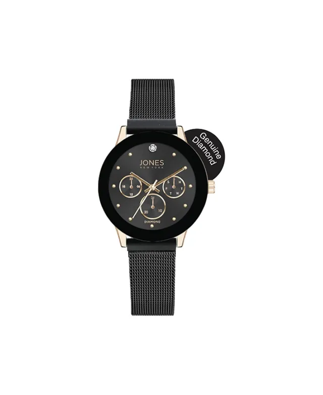 Jones New York Women's Genuine Diamond Gold-Tone Accents Black Metal Strap  Analog Watch 33.5mm