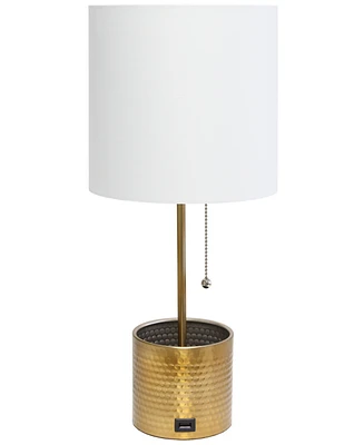 Simple Designs Hammered Metal Organizer Table Lamp with Usb Charging Port and Fabric Shade