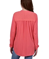 Petite Y-Neck with Rounded Hem Long Sleeve Pleat Front Top