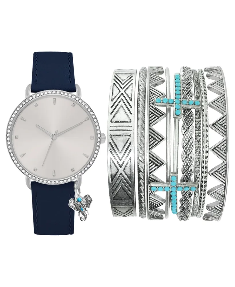 Jessica Carlyle Women's Analog Navy Elephant Charm Strap Watch 36mm with Silver-Tone Bracelets Set