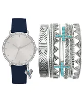 Jessica Carlyle Women's Analog Navy Elephant Charm Strap Watch 36mm with Silver-Tone Bracelets Set