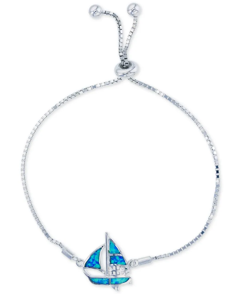 Lab-Grown Blue Opal Sailboat Bolo Bracelet in Sterling Silver