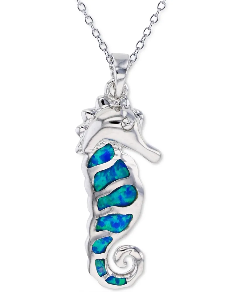 Lab-Created Blue Opal Sea Horse 18" Pendant Necklace in Sterling Silver