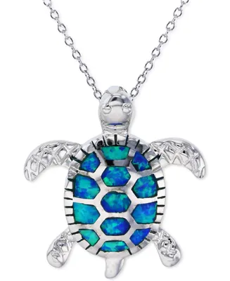 Lab-Grown Blue Opal Turtle 18" Pendant Necklace in Sterling Silver