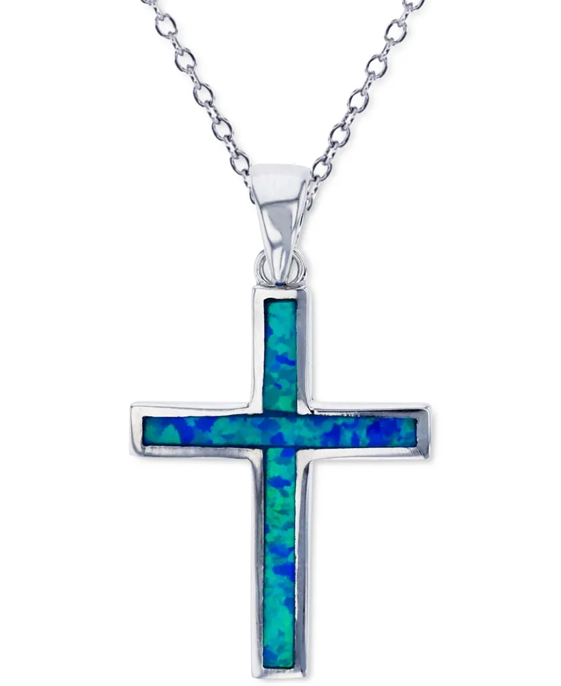 Lab-Created Blue Opal Cross 18" Pendant Necklace in Sterling Silver