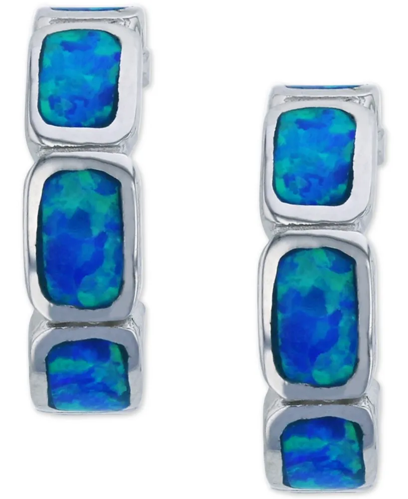 Lab-Created Blue Opal Inlay Brick Small Hoop Earrings in Sterling Silver, 0.6"