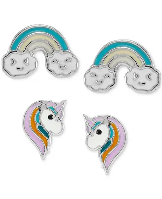 Children's 2-Pc. Set Enamel Rainbow & Unicorn Stud Earrings in Sterling Silver