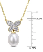 Cultured Freshwater Pearl (9mm) & Diamond (1/5 ct. t.w.) Butterfly 17" Pendant Necklace in 10k Gold