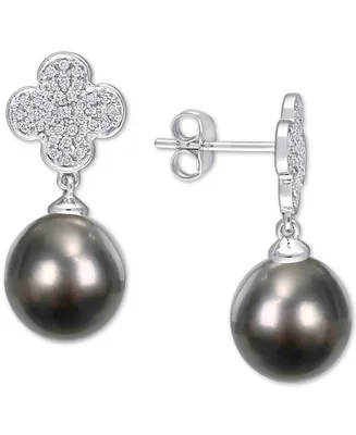 Black Cultured Tahitian Pearl (10mm) & Diamond (1/5 ct. t.w.) Flower Drop Earrings in 14k White Gold