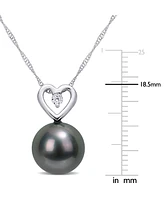 Black Cultured Tahitian Pearl (9-1/2mm) & Diamond (1/20 ct. t.w.) Heart 17" Pendant Necklace in 10k White Gold