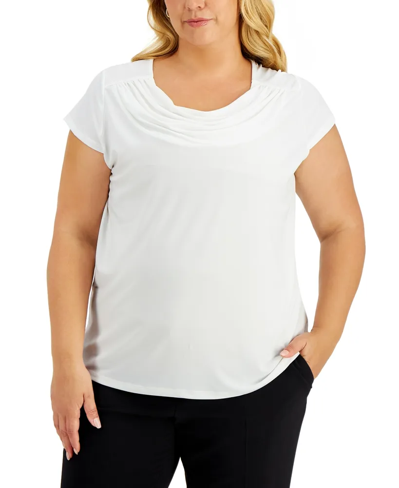 Kasper Plus Stretch Knit Short-Sleeve Cowl-Neck Top