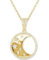 Cubic Zirconia Crescent Moon Disc 18" Pendant Necklace in 14k Gold-Plated Sterling Silver