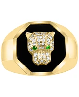 Effy Men's Onyx, Diamond (1/4 ct. t.w.) & Tsavorite Accent Panther Ring in 14k Gold