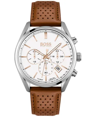 Hugo Boss Men's Chronograph Champion Brown Perforated Leather Strap Watch 44mm