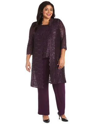 R & M Richards 3-Pc. Plus Sequined Lace Pantsuit Shell