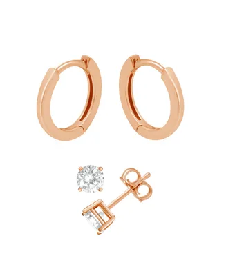 And Now This Cubic Zirconia Round Stud Polished Huggie Hoop Earring, Rose Gold Plate - Rose Gold