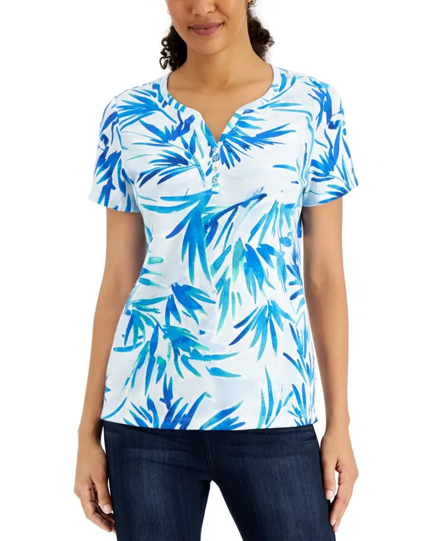 Karen Scott Petite Palm Party Henley Top, Created for Macy's