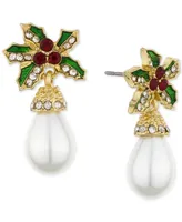 Holiday Lane Gold-Tone Pave Holly & Imitation Pearl Drop Earrings, Created for Macy's