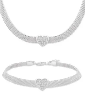 Cubic Zirconia Heart Mesh Link Necklace Bracelet Collection In Sterling Silver