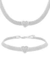 Cubic Zirconia Heart Mesh Link Necklace Bracelet Collection In Sterling Silver