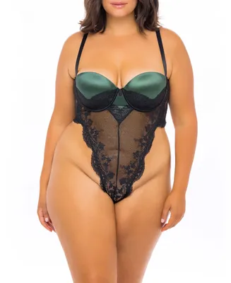 Plus Size Mold Cup High Leg Lingerie Teddy with Embroidery Detailing