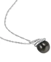 Cultured Tahitian Pearl (9mm) & Diamond (1/10 ct. t.w.) Swirl 17" Pendant Necklace in 14k White Gold