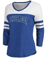 Women's Heathered Royal, White Chicago Cubs Official Wordmark 3/4 Sleeve V-Neck T-shirt