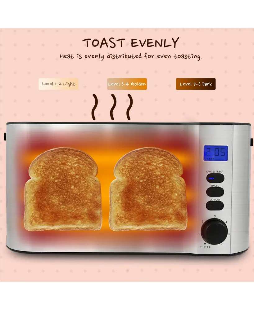 Elite Gourmet 4-Slice Long Slot Digital Countdown Toaster, 6 Toast Settings, Slide Out Crumb Tray, Extra Wide 1.5" Slots for Bagels