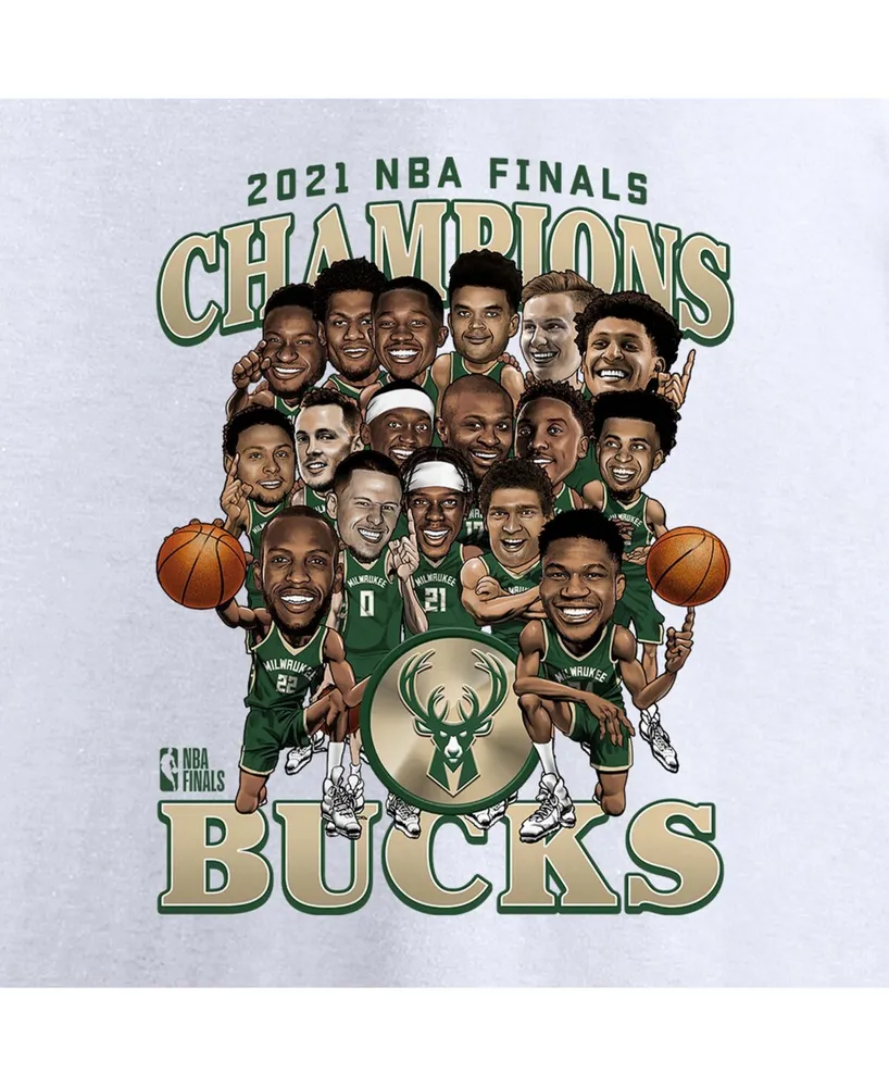 Men's White Milwaukee Bucks 2021 Nba Finals Champions Team Caricature Roster T-shirt
